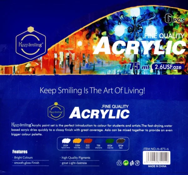 Keep Smiling A-875-6 Acrylic Colour Single Tube 75ML 6 Colour Set - Image 3