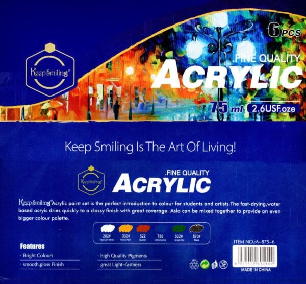 Keep Smiling A-875-6 Acrylic Colour Single Tube 75ML 6 Colour Set - Image 4